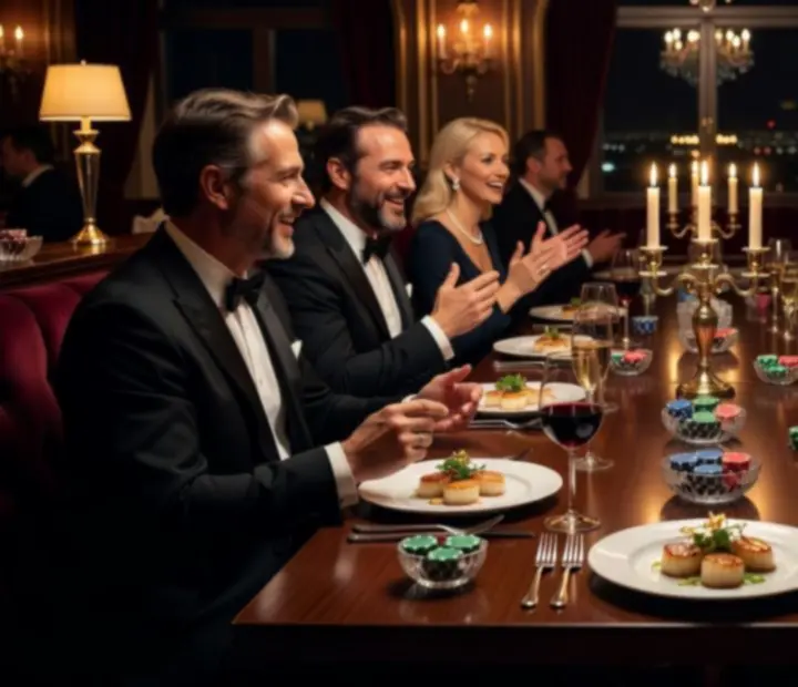 Kolacja w eleganckiej sali z przygotowanymi stołami pokerowymi