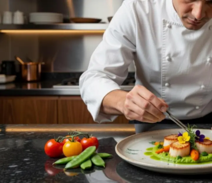 Szef kuchni Nova Streloria układa wykwintne danie degustacyjne na eleganckim talerzu