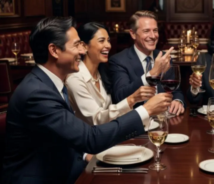 Grupa gości biznesowych wznoszących toast w eleganckiej restauracji
