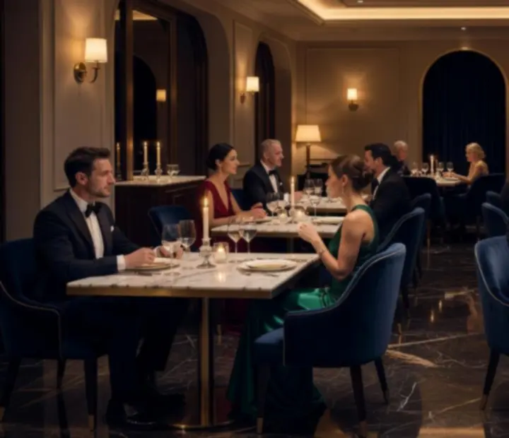 Kinowy kadr eleganckiej sali restauracyjnej z nakrytymi stołami i nastrojowym oświetleniem