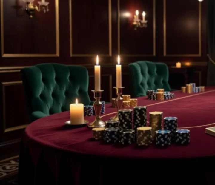 Elegancki stół pokerowy w prywatnej strefie VIP z symbolicznymi żetonami.