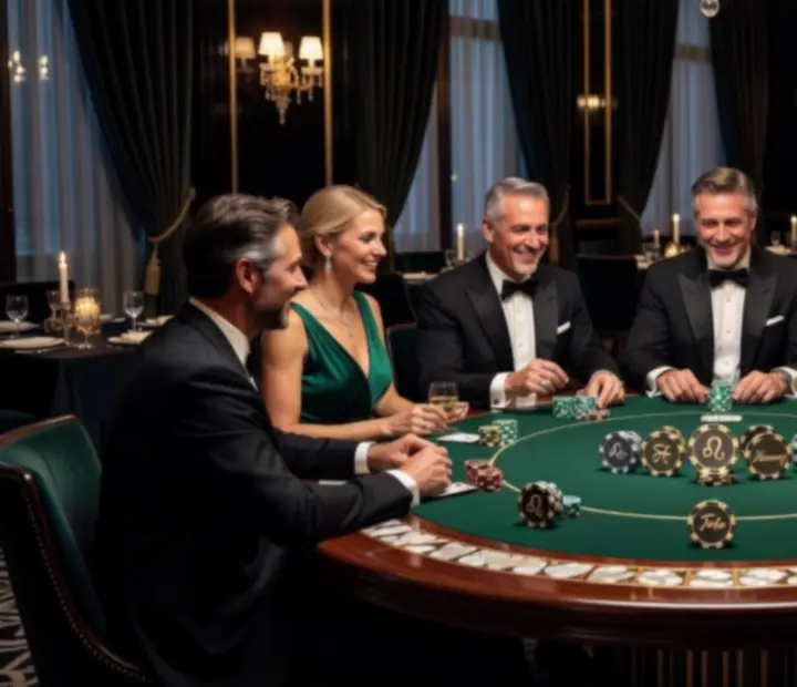 Elegancki stół pokerowy z symbolicznymi żetonami i kieliszkami wina
