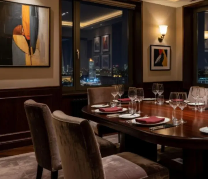 Prywatna sala restauracyjna przygotowana na kolację firmową