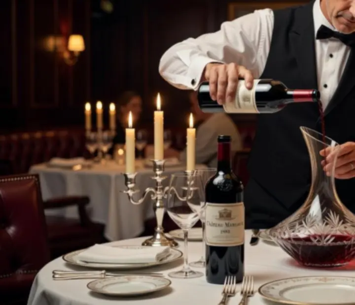 Sommelier w eleganckiej restauracji serwuje wino do kryształowego kieliszka