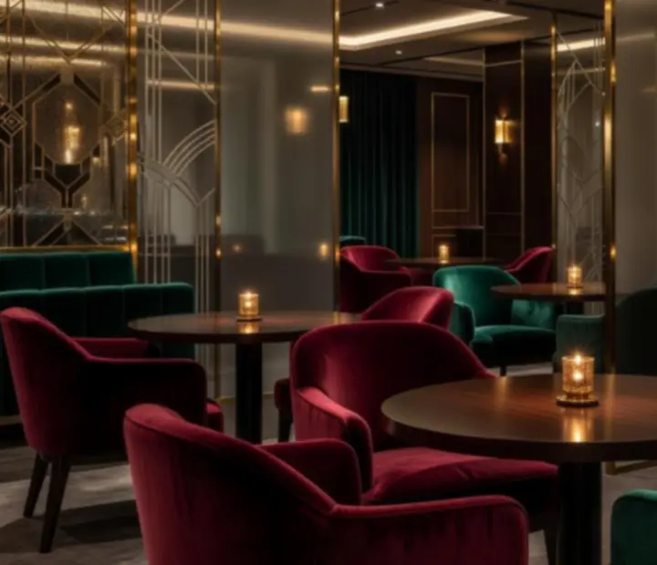 Luksusowy VIP Lounge Nova Streloria z prywatnymi stolikami i nastrojowym światłem.